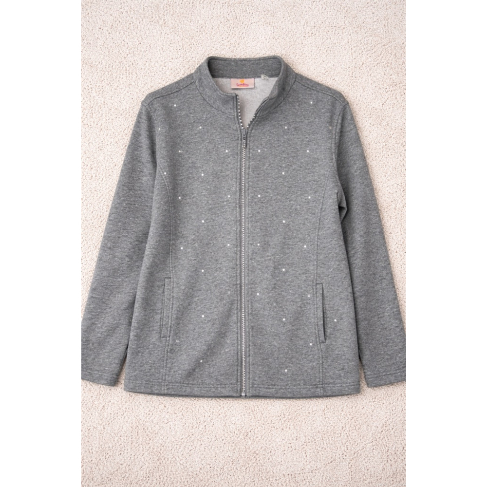 Quacker Factory Gray Rhinestone Zip Jacket Women’s Large Sparkle Sweatshirt
